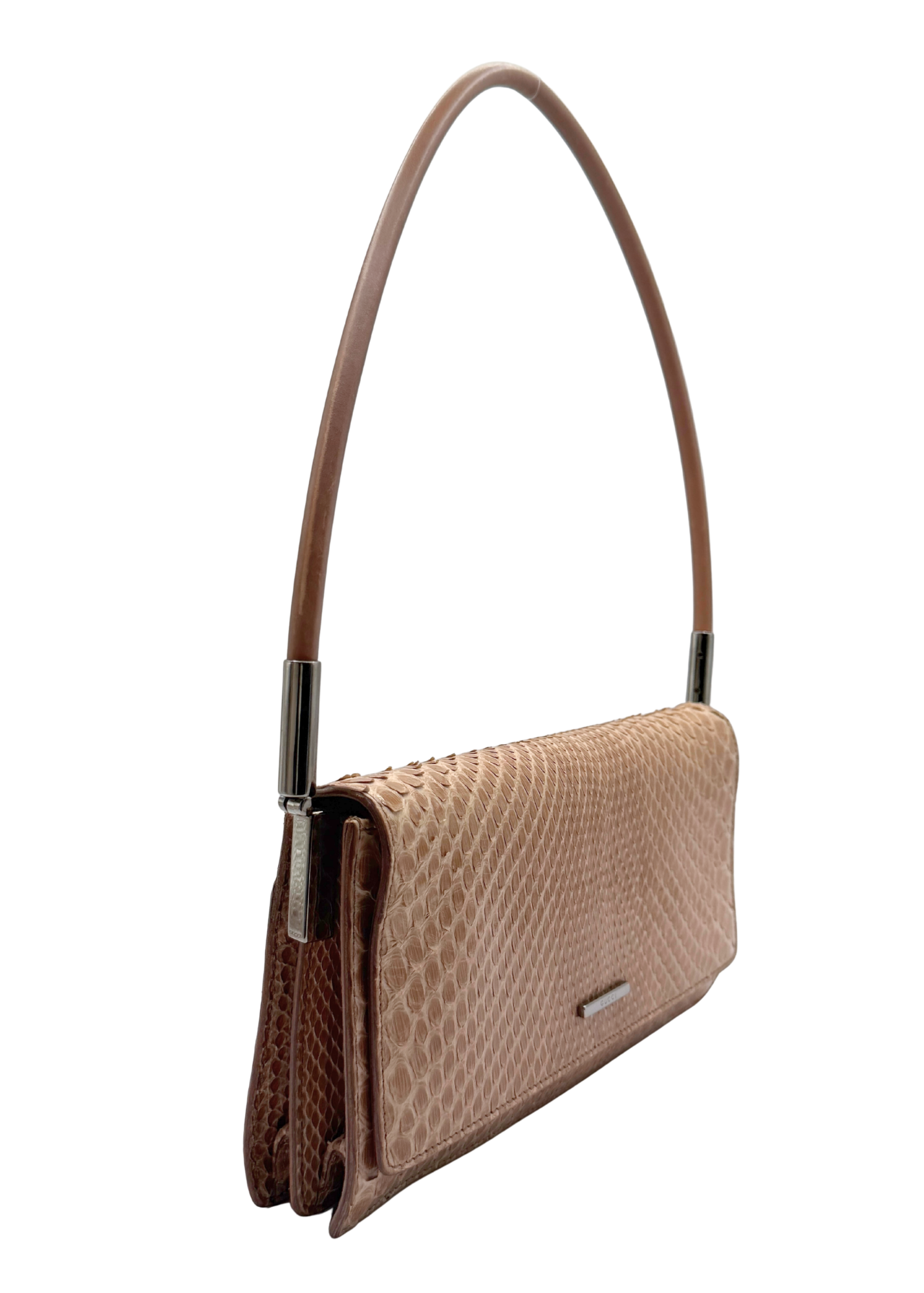 Brown and tan vintage Gucci handbag with a strap on a white background