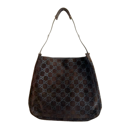 Brown Gucci handbag with logo pattern on a white background