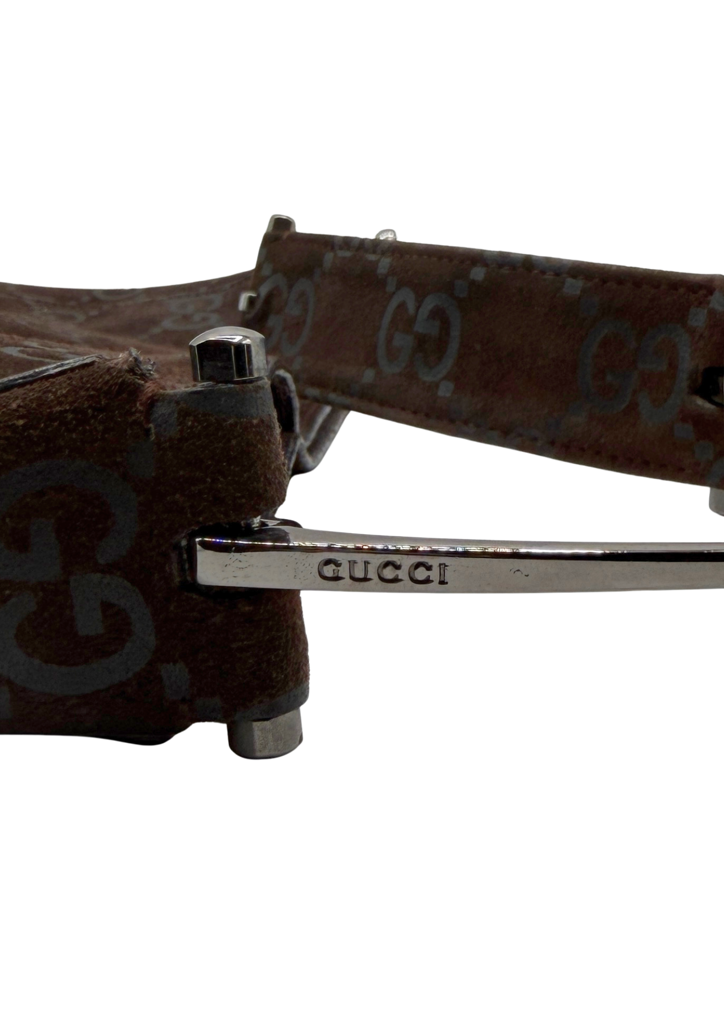 Brown Gucci Suede Bag with Silver Hardware on white background