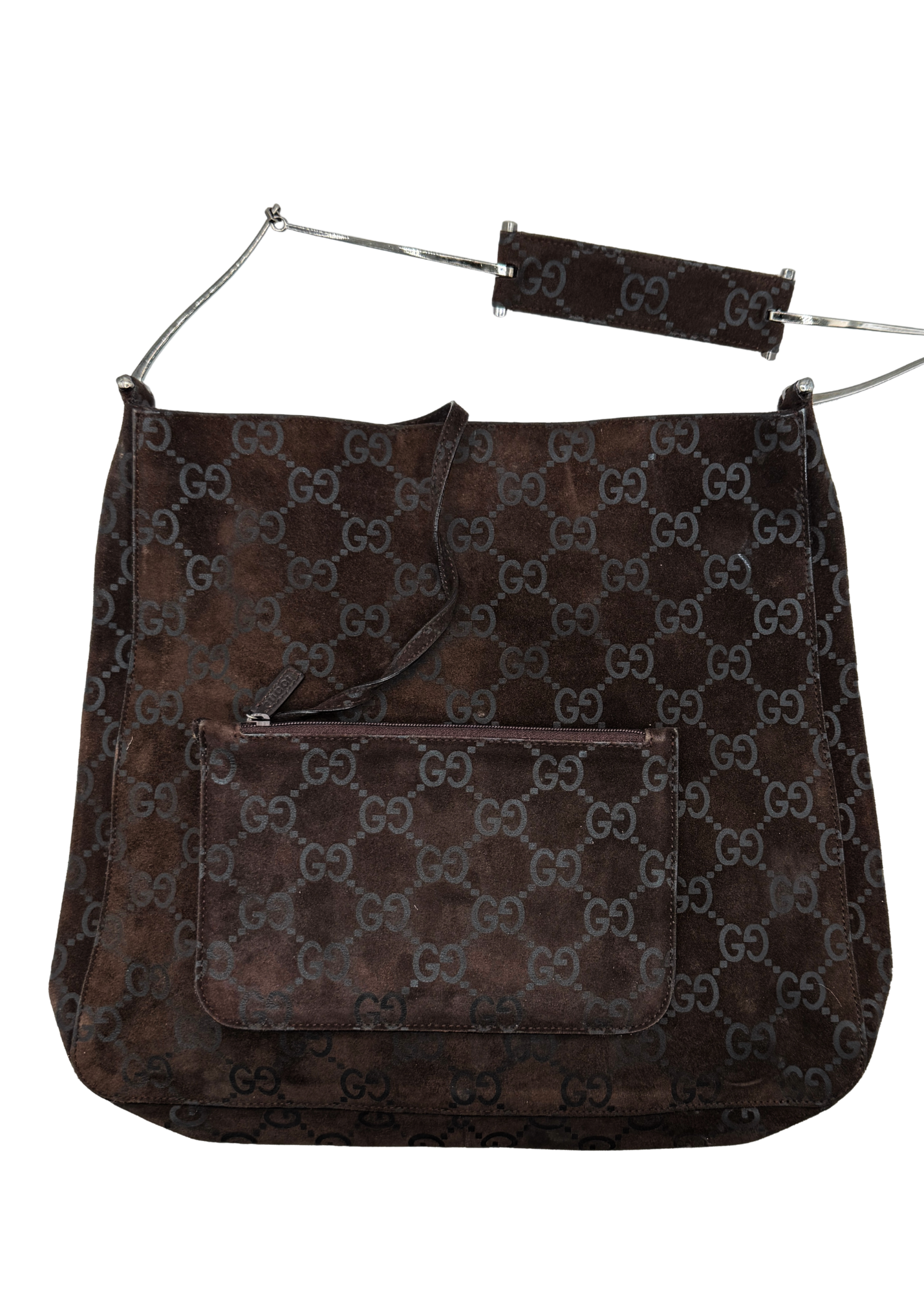 Brown Gucci vintage handbag with monogram pattern on a white background