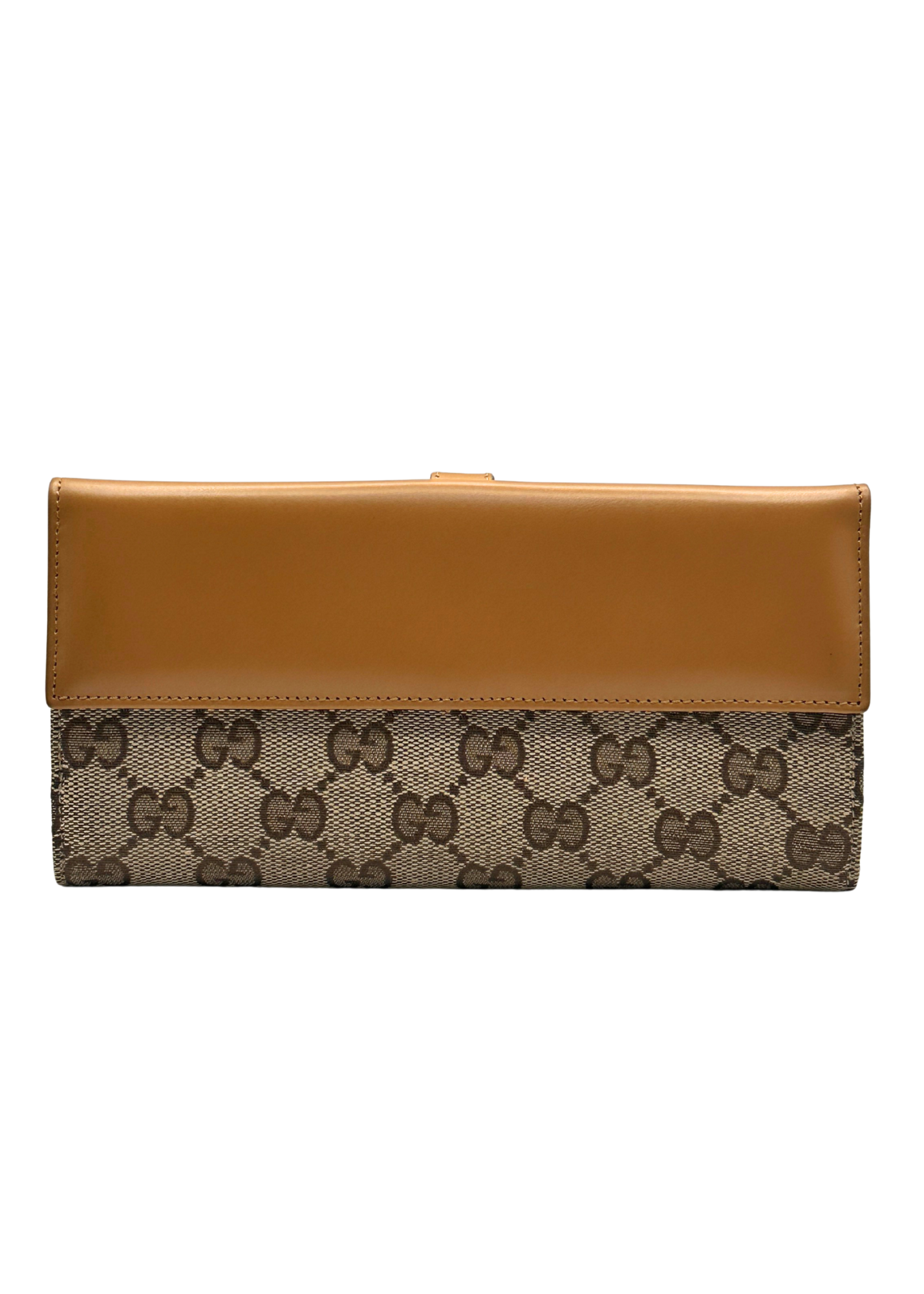 Brown wallet with Gucci patterned flap on a white background