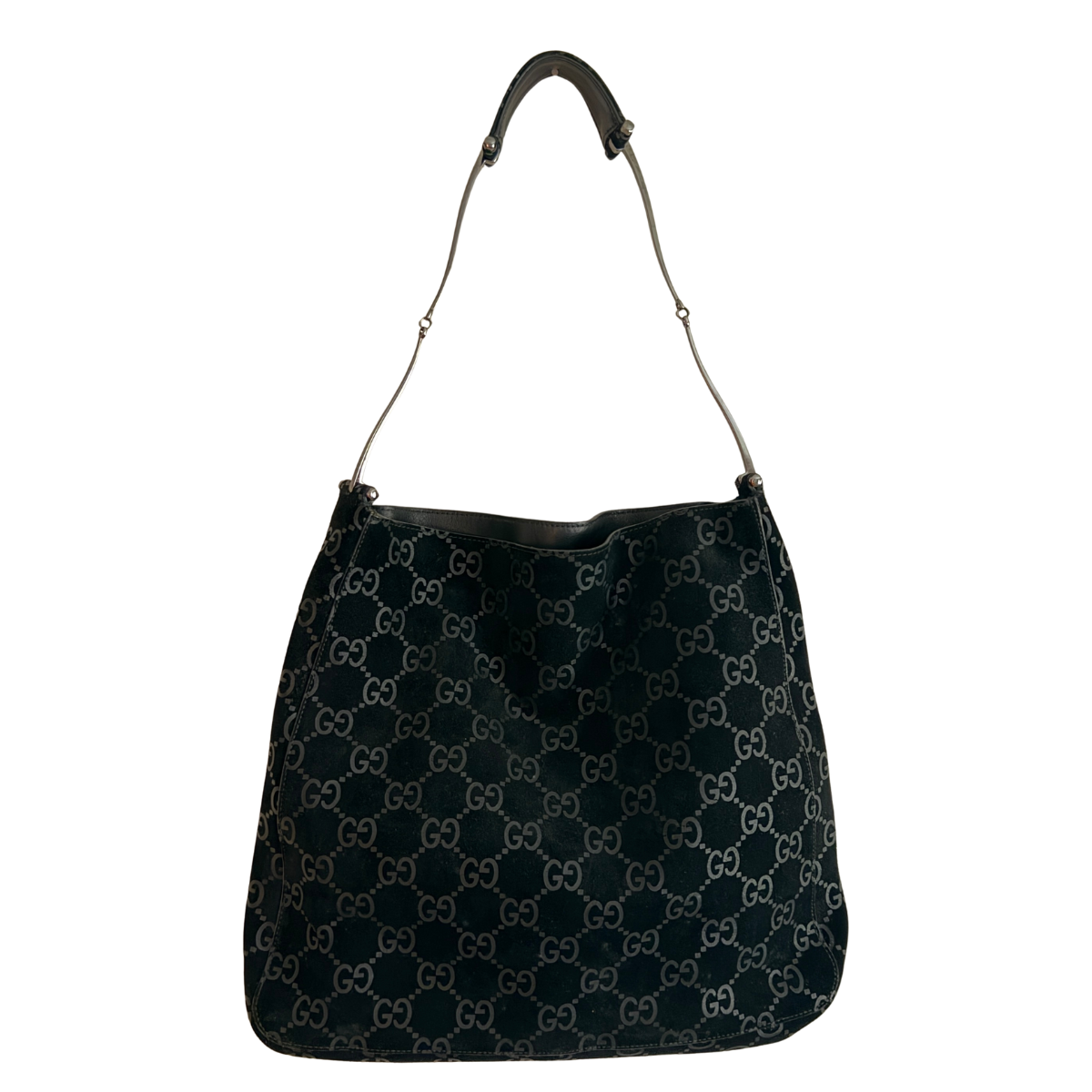 Black suede vintage handbag with Gucci GG pattern on a white background