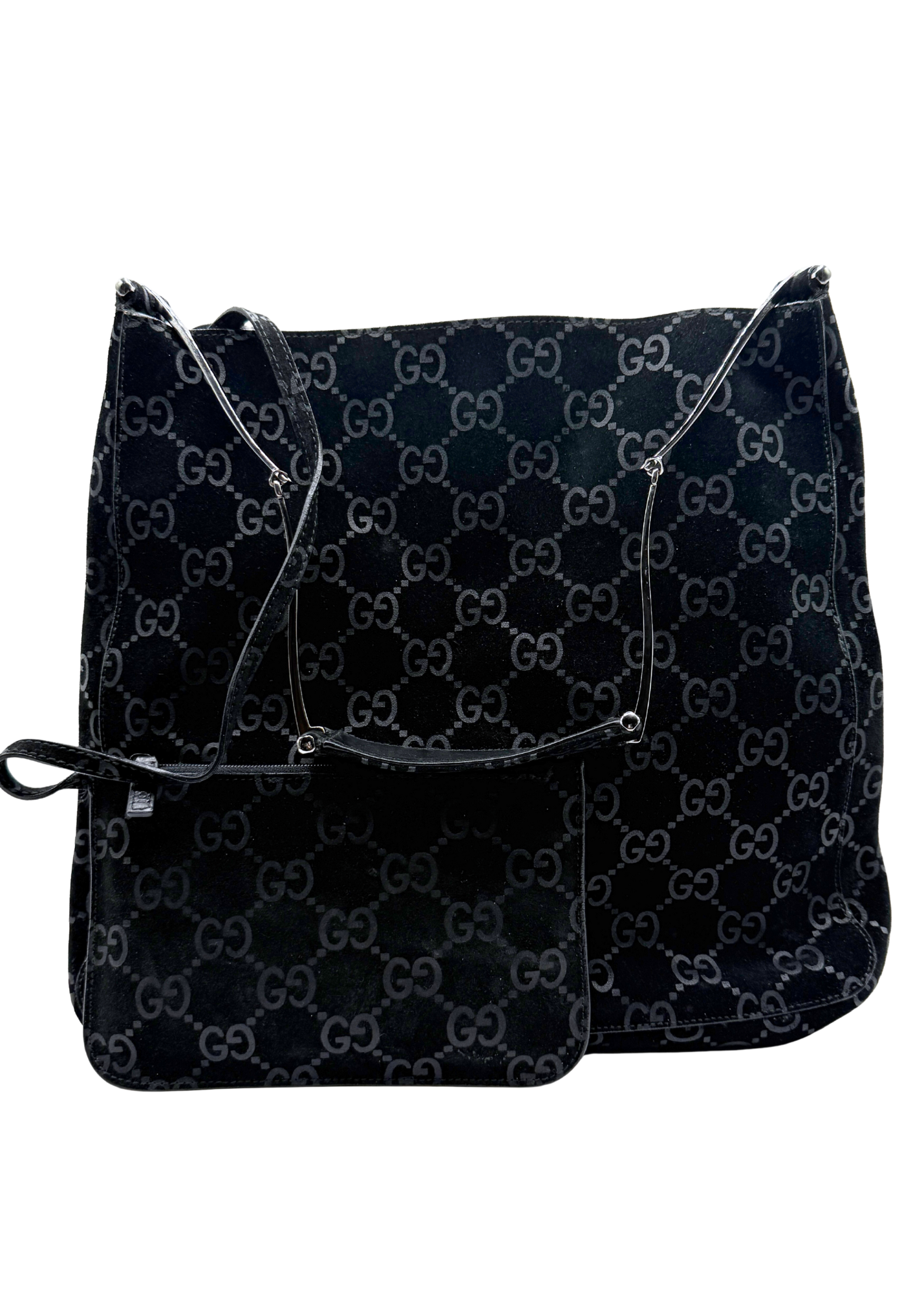 Black Gucci GG patterned suede bag on a white background