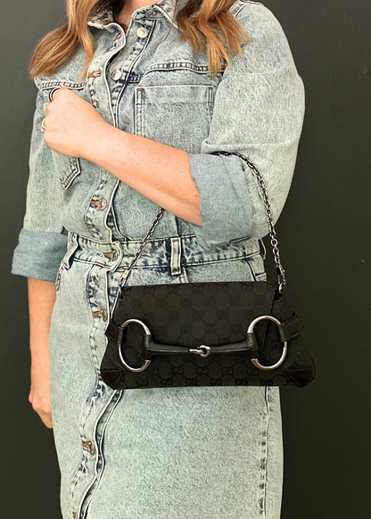 Try ON of Gucci Black monogram clutch and shoulder bag