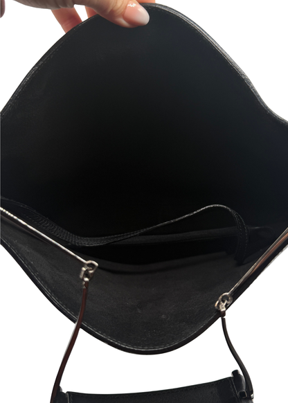 Close up of interior of vintage Gucci leather bag in black