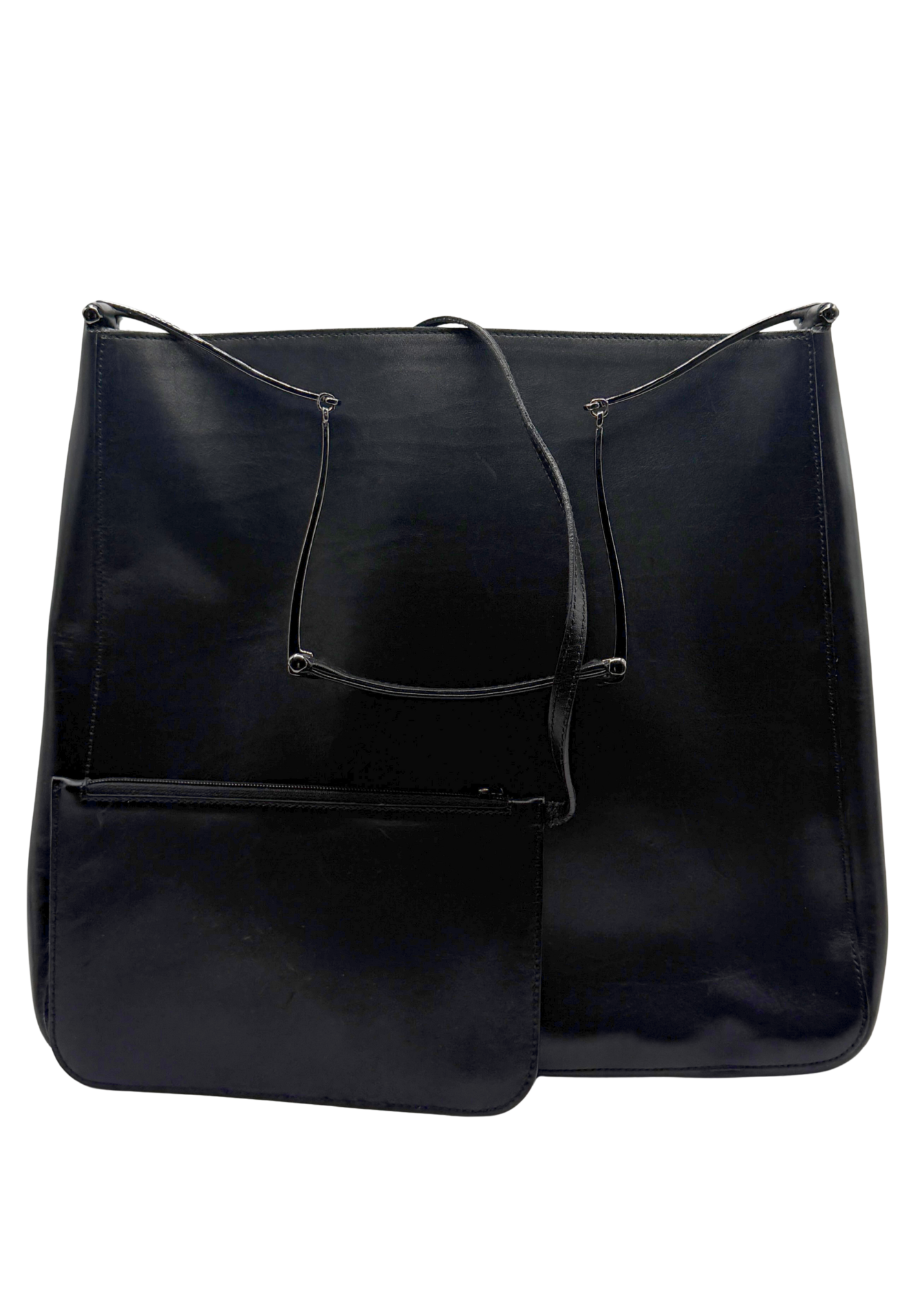 Black vintage Gucci leather handbag with a horsebit shoulder strap on a white background