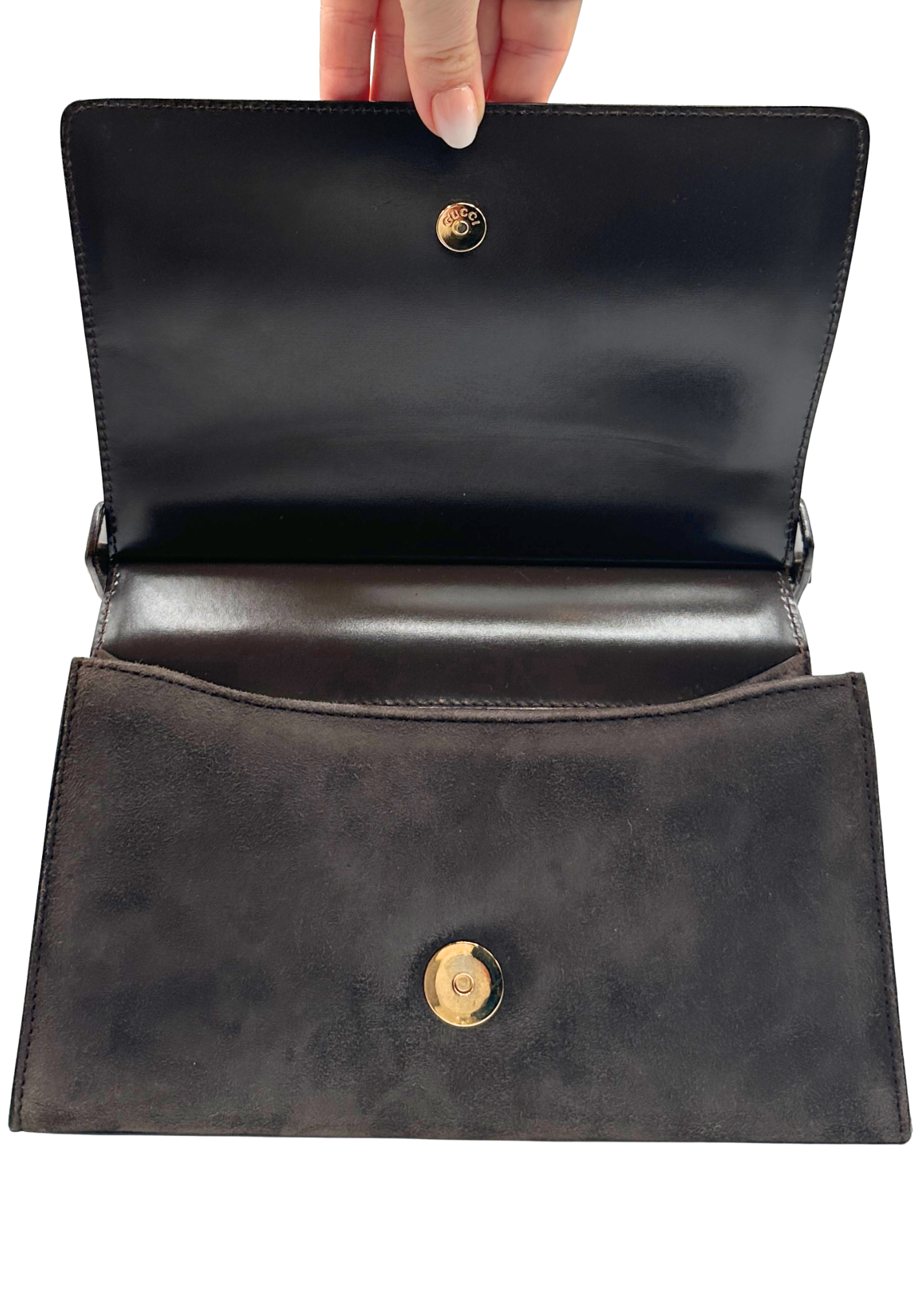 Gucci Mocha Suede Flap Bag Open