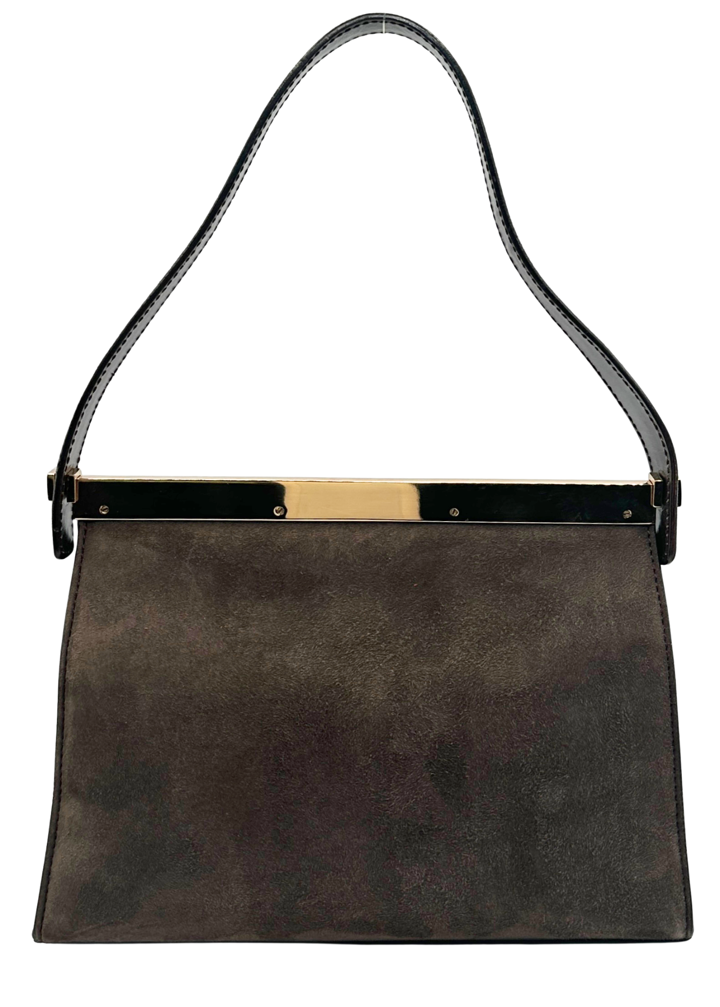 Dark brown handbag with a gold clasp on a white background