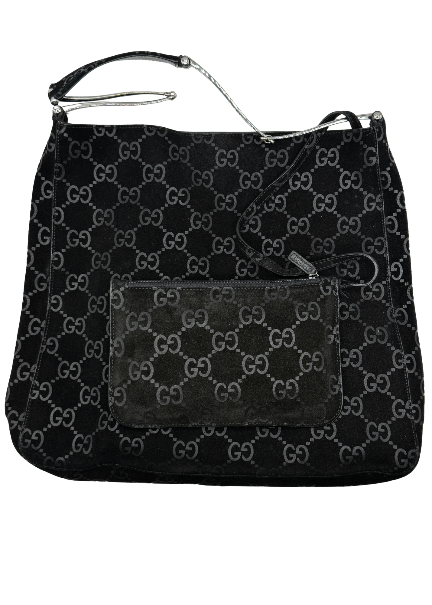 Black vintage Gucci handbag with monogram pattern on a white background