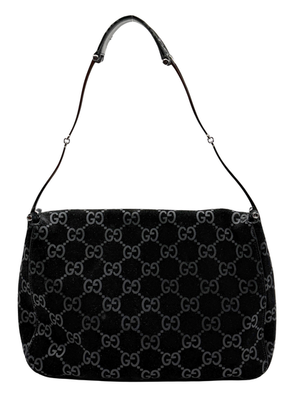 Black vintage Gucci handbag with Gucci logo pattern on a white background