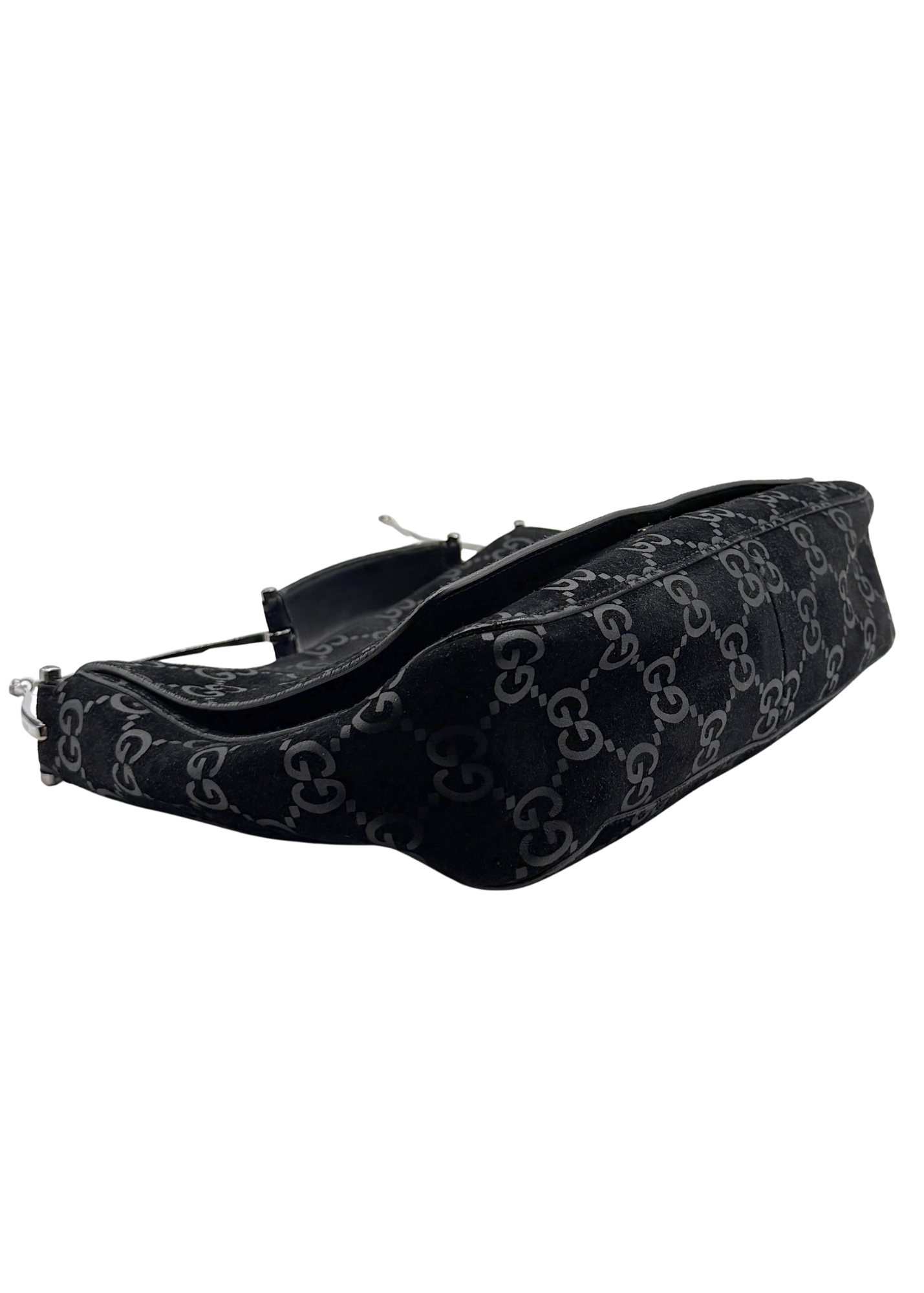 Black vintage Gucci bag with monogram pattern on a white background