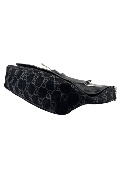 Black vintage Gucci monogram suede shoulder bag on white background