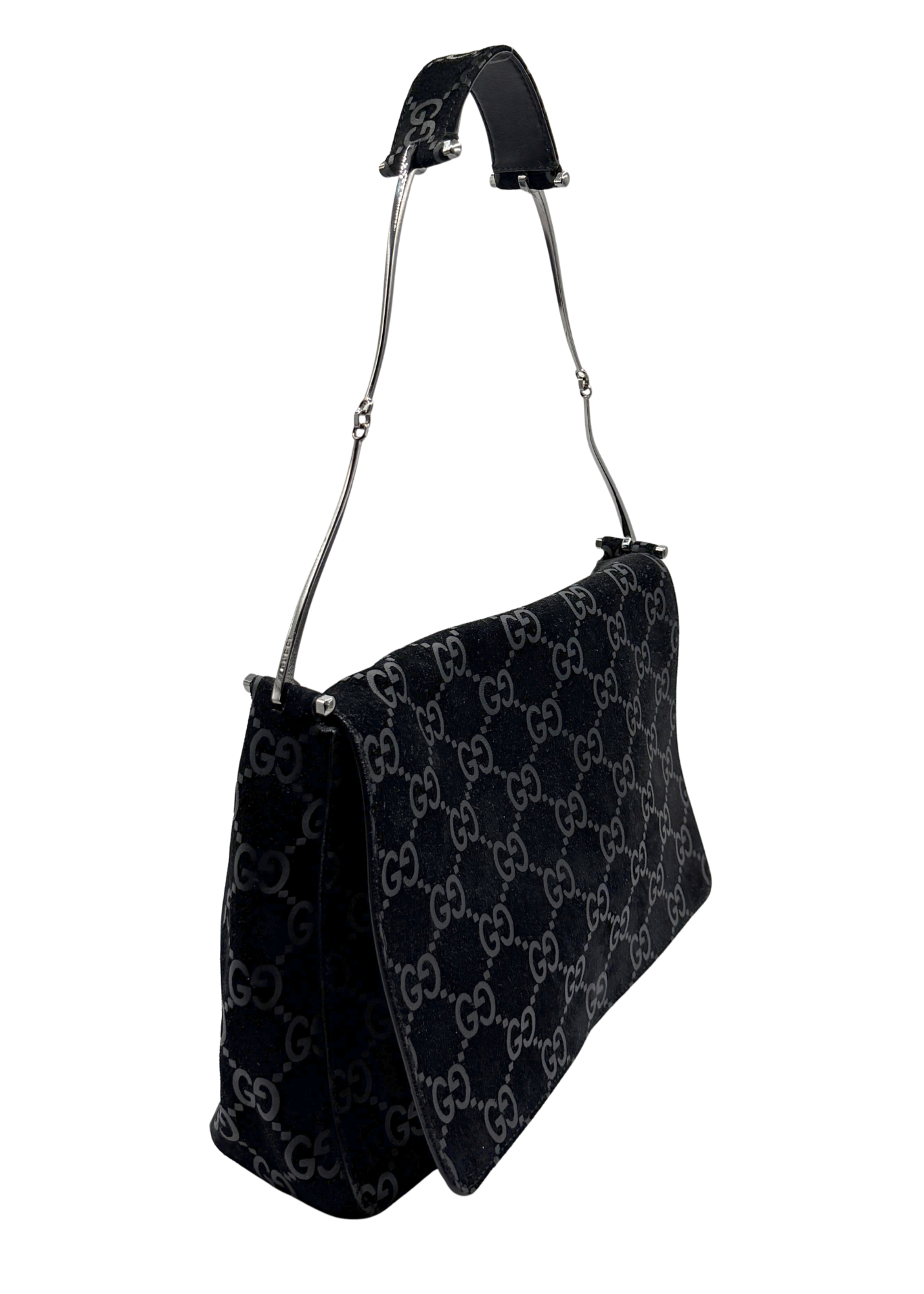 Black vintage Gucci handbag with monogram pattern on a white background