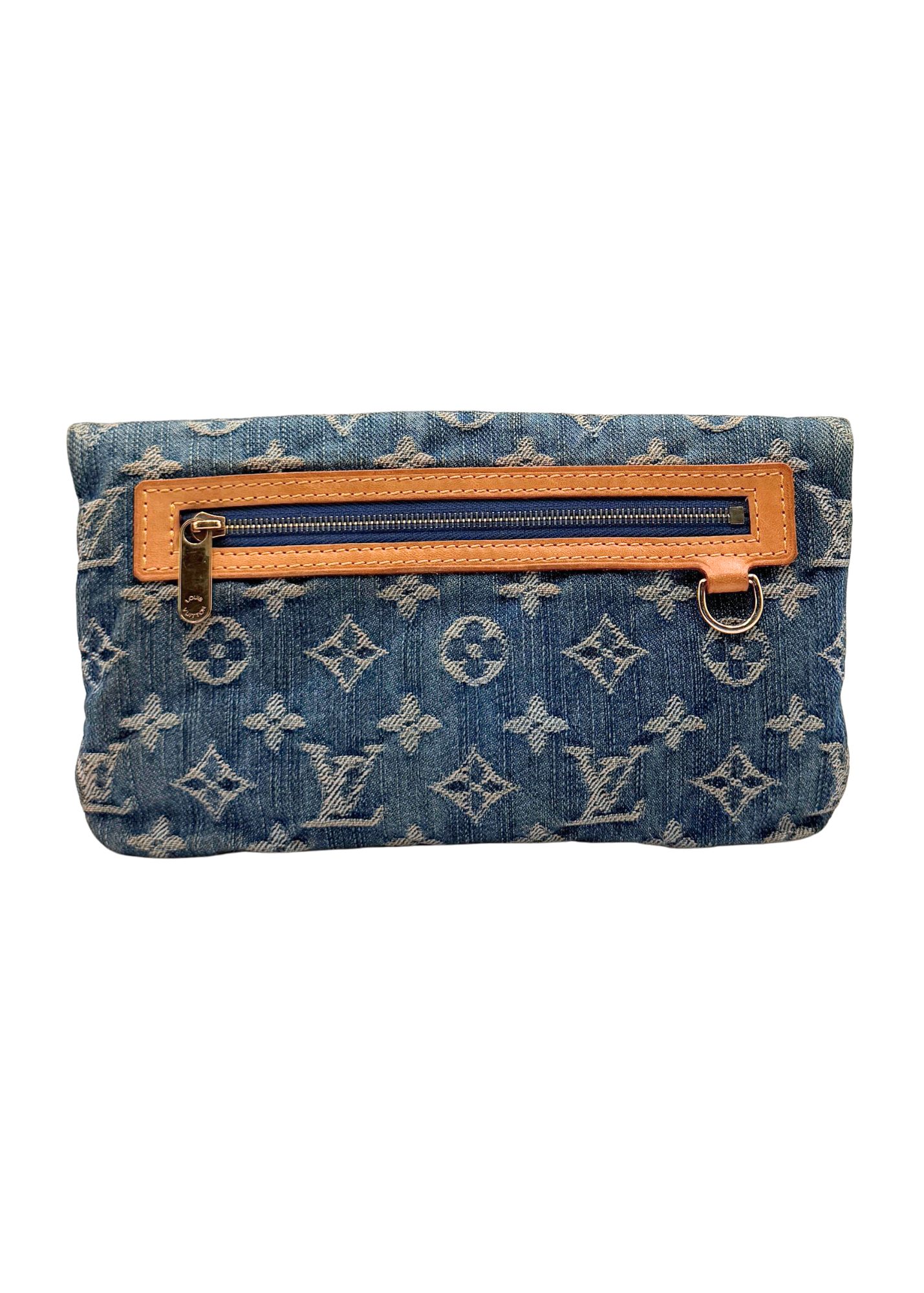 Louis Vuitton vintage denim pochette pouch with zipper pocket on a white background