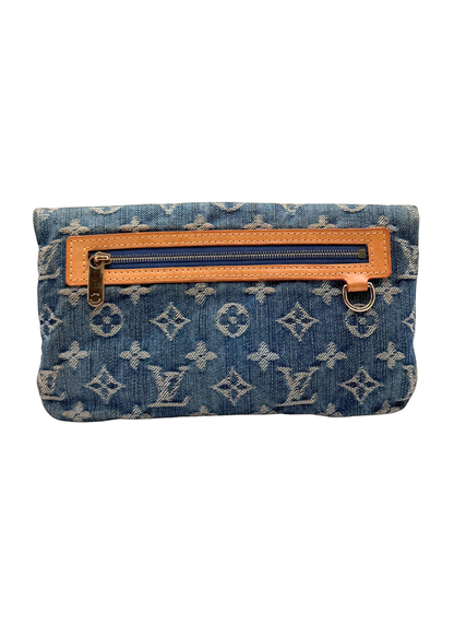 Louis Vuitton vintage denim pochette pouch with zipper pocket on a white background