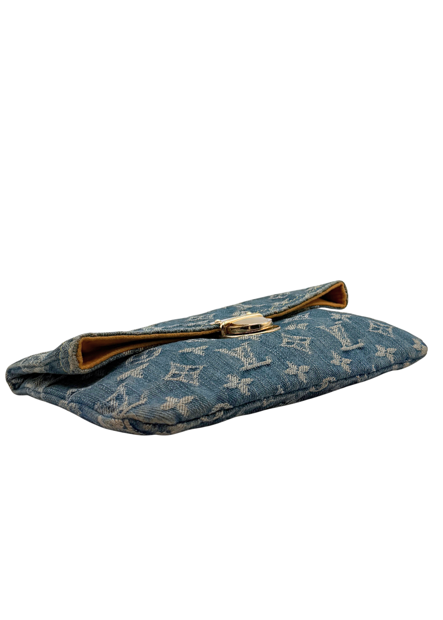 Vintage Louis Vuitton denim blue patterned clutch bag on a white background