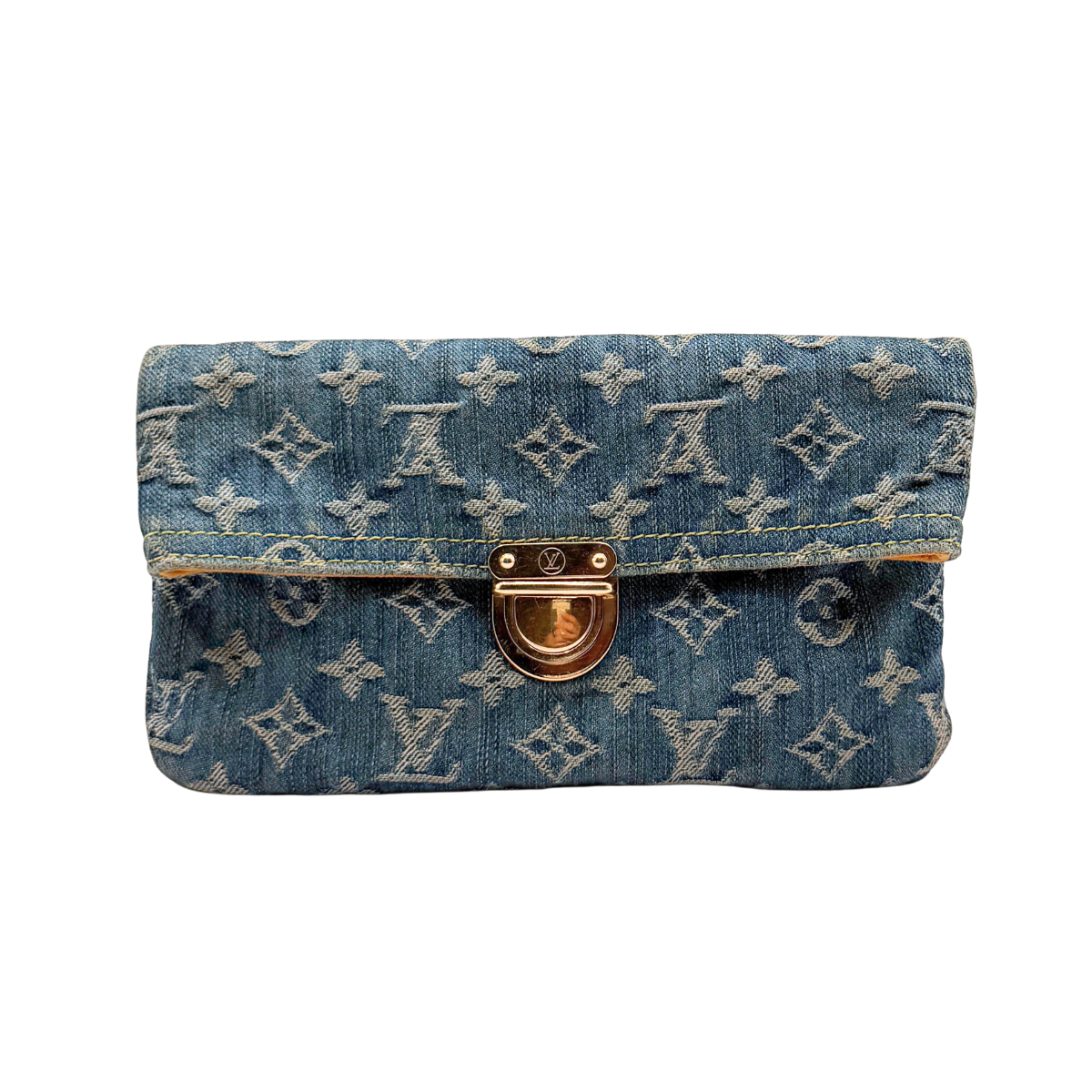 Blue denim Louis Vuitton vintage handbag with gold clasp on a white background