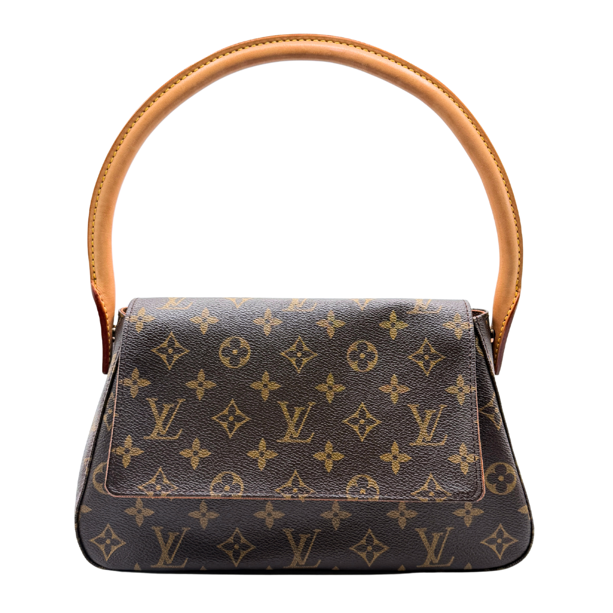 Louis Vuitton designer handbag with monogram pattern on a white background