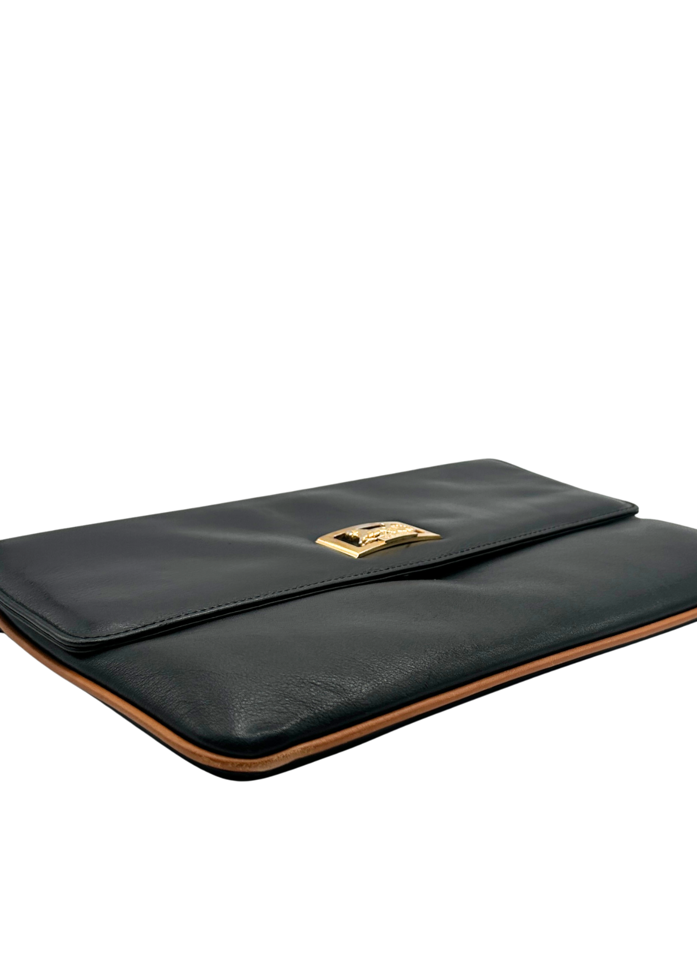 Black leather Celine clutch bag with gold clasp on a white background
