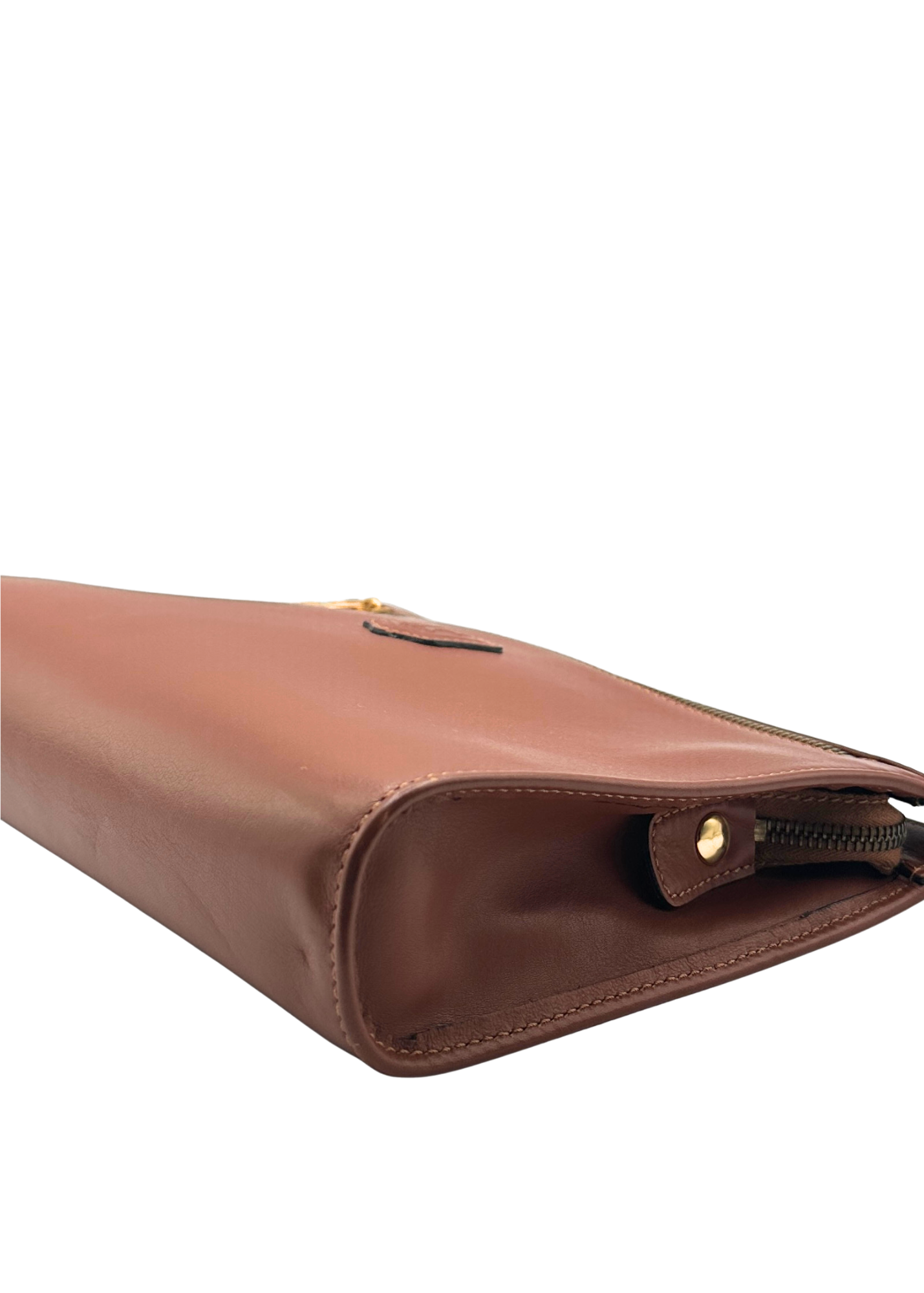 Brown leather clutch bag on a white background