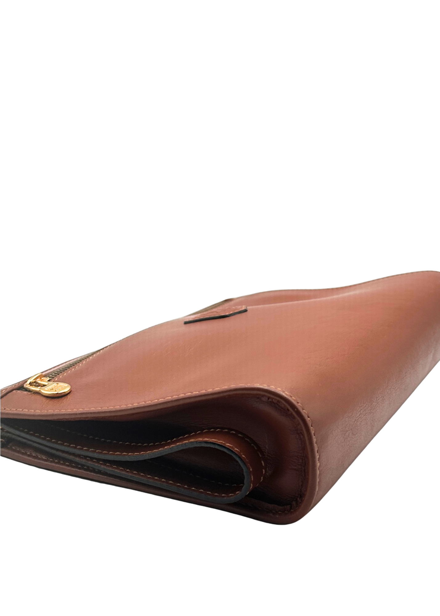 Brown leather clutch bag with gold clasp on a white background