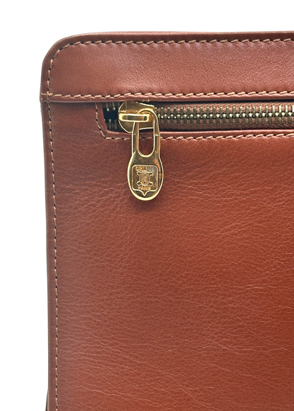 Close-up of a brown leather wallet with a gold zipper pull on a white background