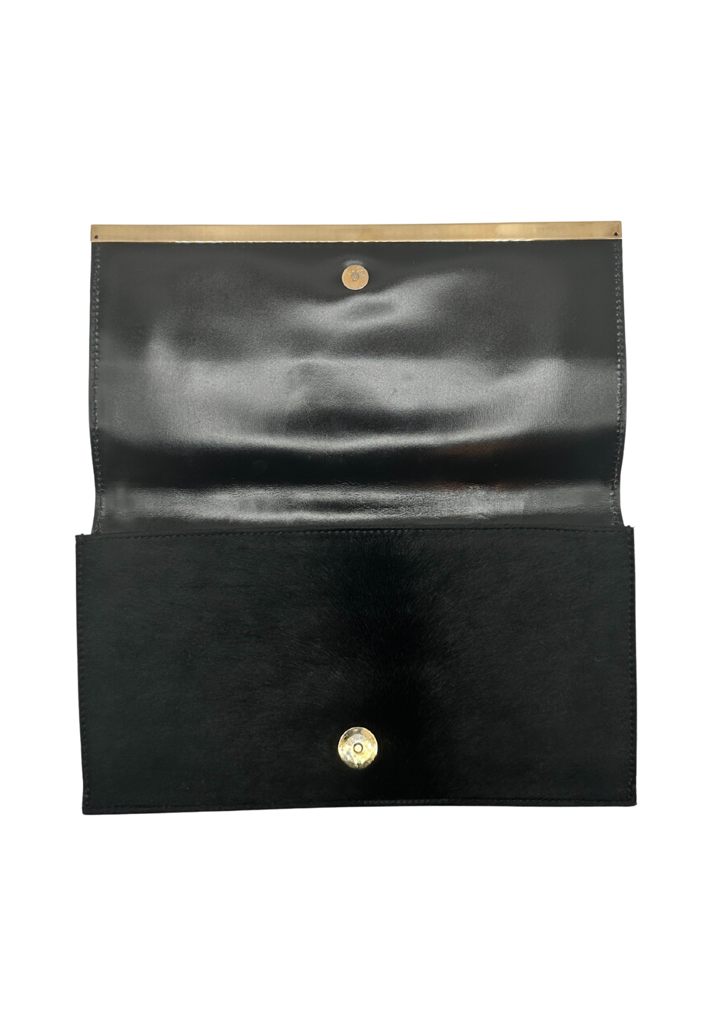 Black leather and ponyhair vintage Gucci clutch on white background