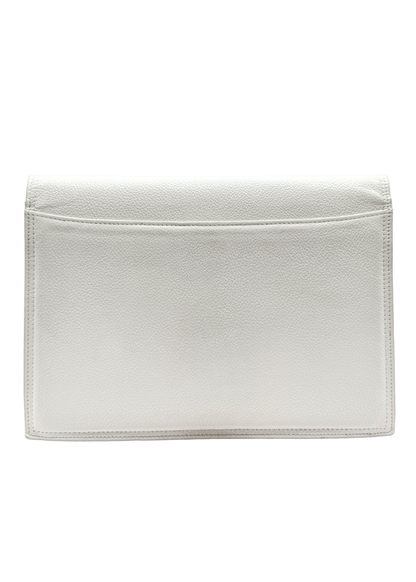 White vintage Yves Saint Laurent clutch bag on a white background