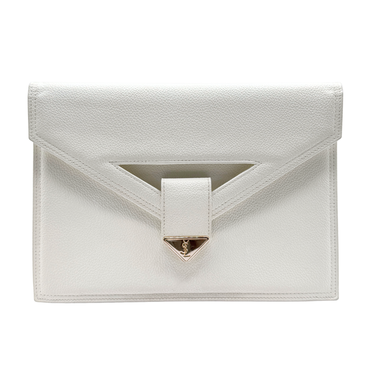 White vintage Yves Saint Laurent clutch bag with a gold logo clasp on a white background