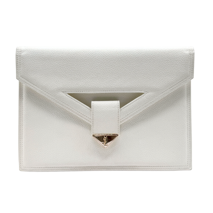 White vintage Yves Saint Laurent clutch bag with a gold logo clasp on a white background