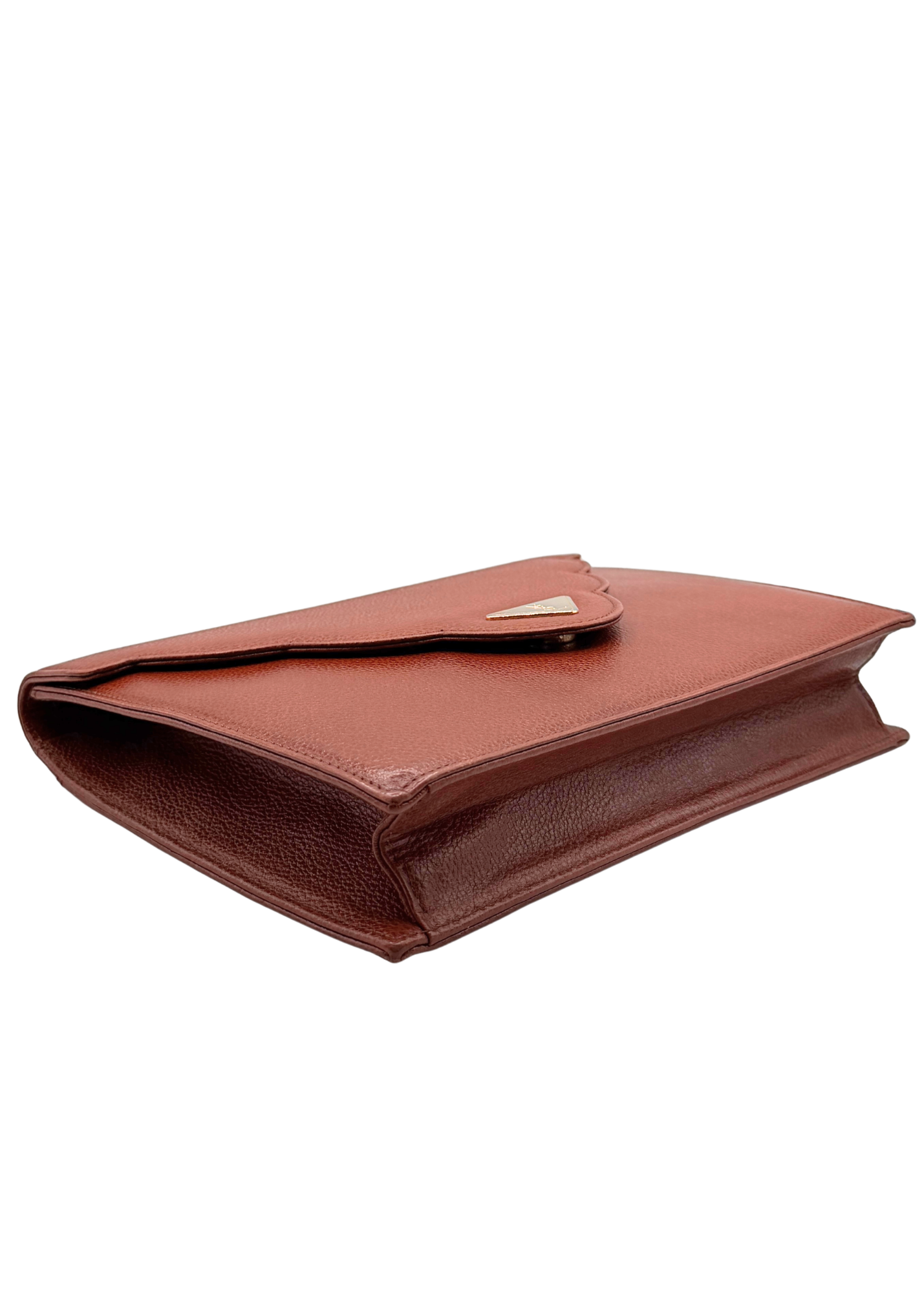Brown vintage pebbled leather YSL clutch bag on a white background
