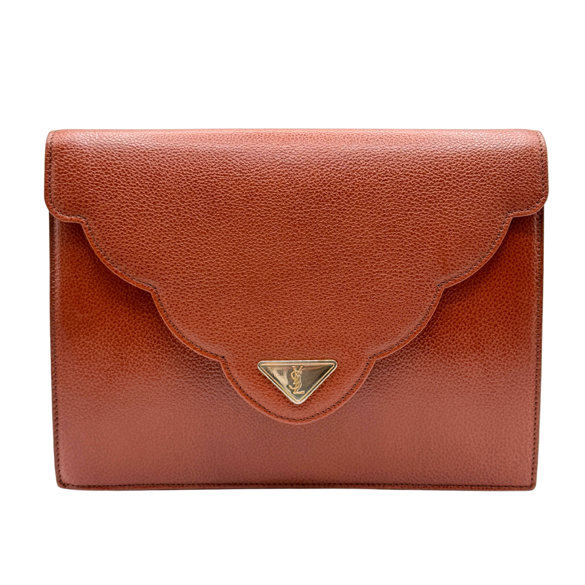A brown vintage YSL pebbled leather clutch bag with a scalloped flap and a gold-tone triangular logo clasp, shown against a plain white background.