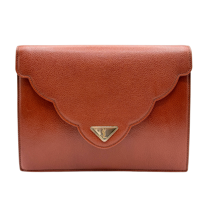 A brown vintage YSL pebbled leather clutch bag with a scalloped flap and a gold-tone triangular logo clasp, shown against a plain white background.