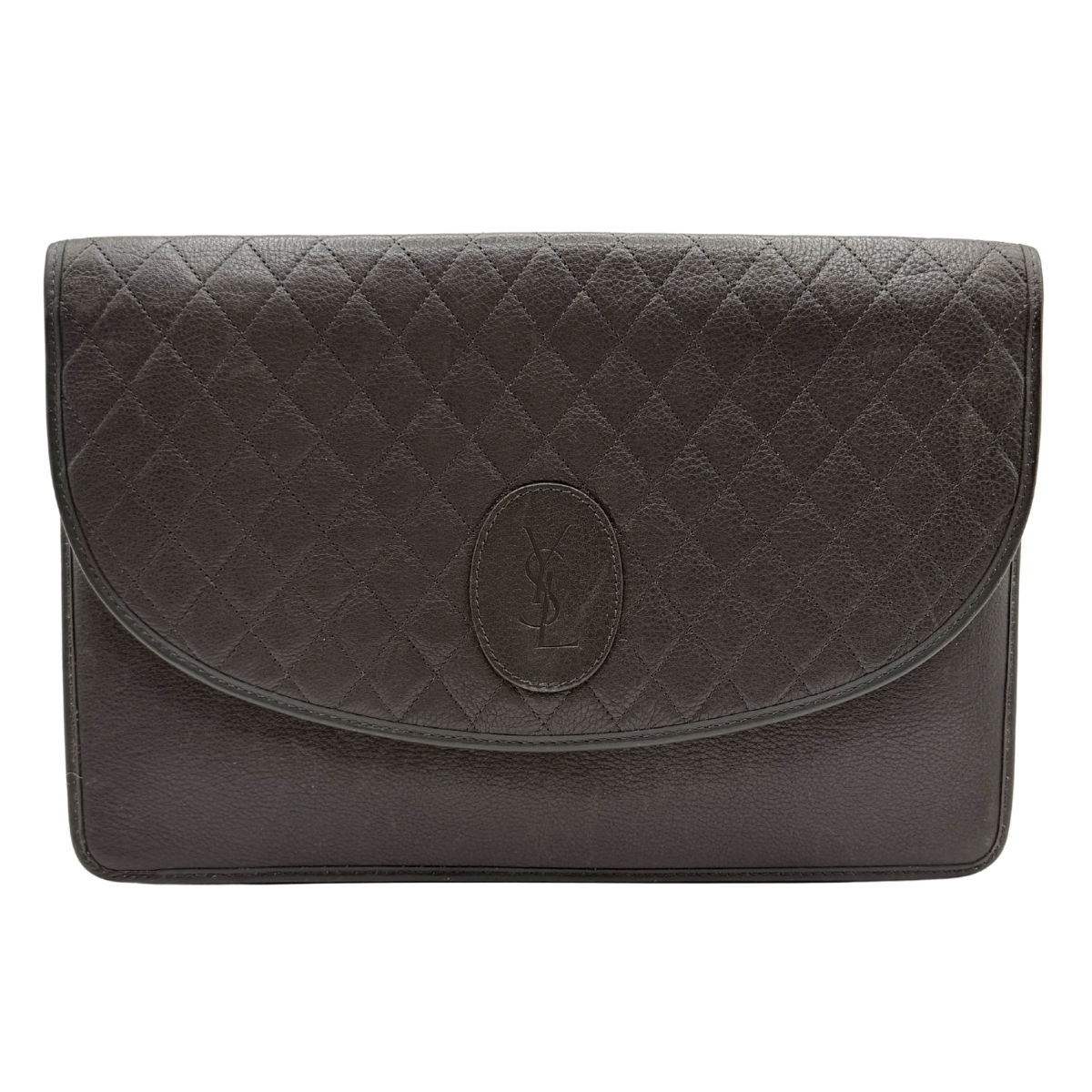 A dark gray brown quilted leather clutch bag with a diagonal split flap and a central embossed YSL logo, shown against a plain white background.