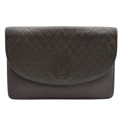 A dark gray brown quilted leather clutch bag with a diagonal split flap and a central embossed YSL logo, shown against a plain white background.