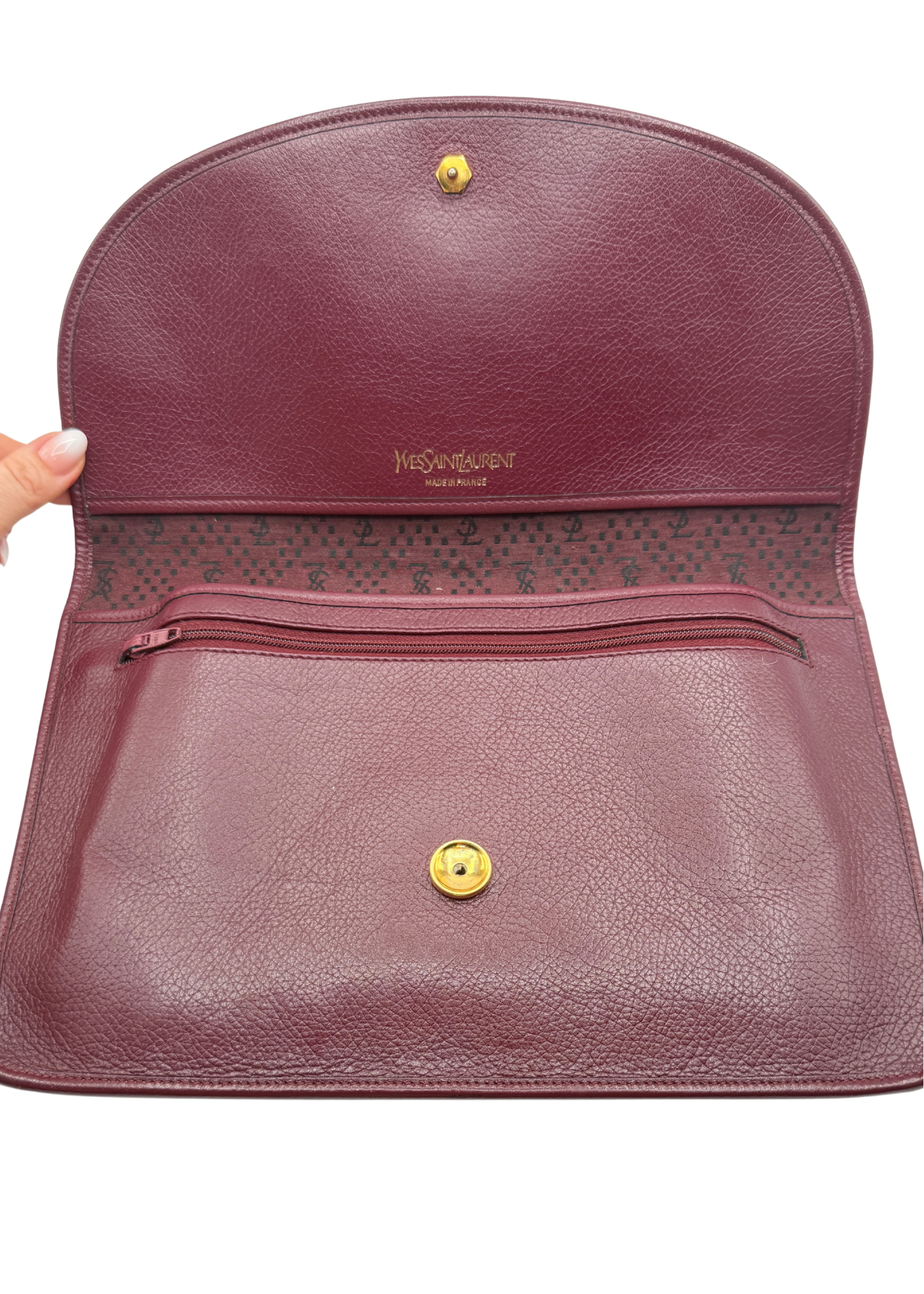 Vintage Yves Saint Laurent burgundy red leather clutch interior