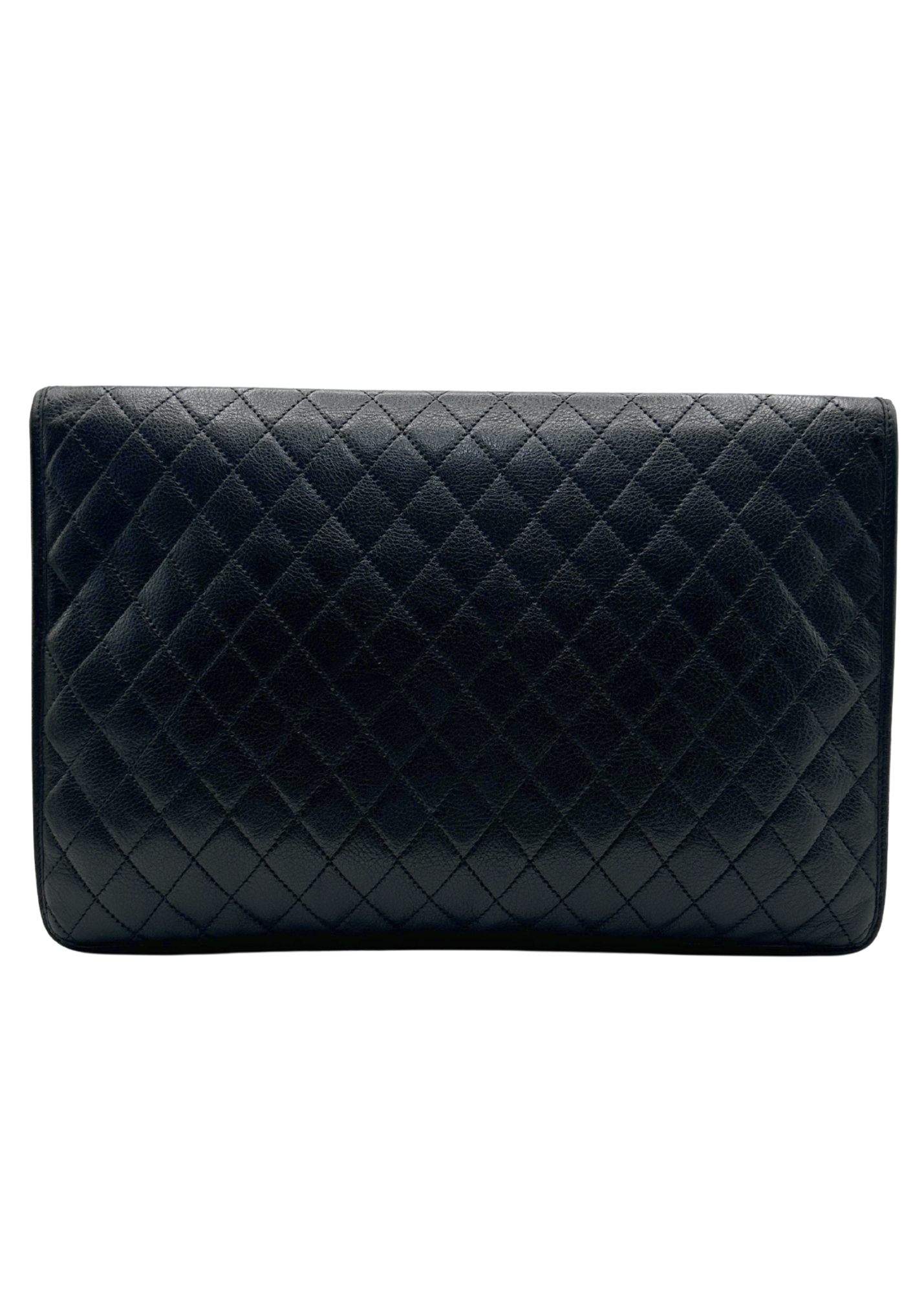 Black quilted YSL clutch bag on a white background