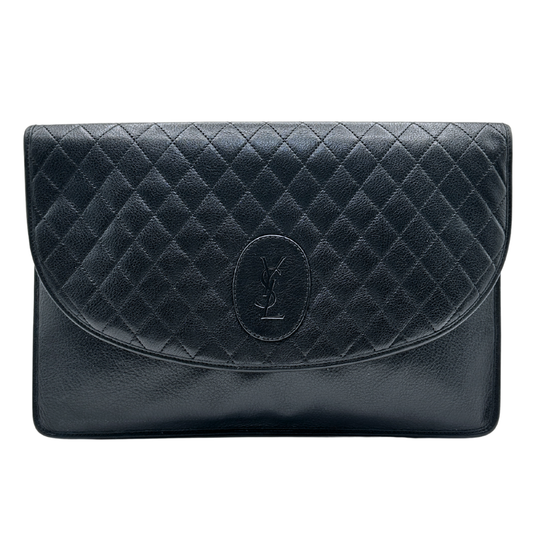 Black quilted handbag with a YSL brand logo on a white background