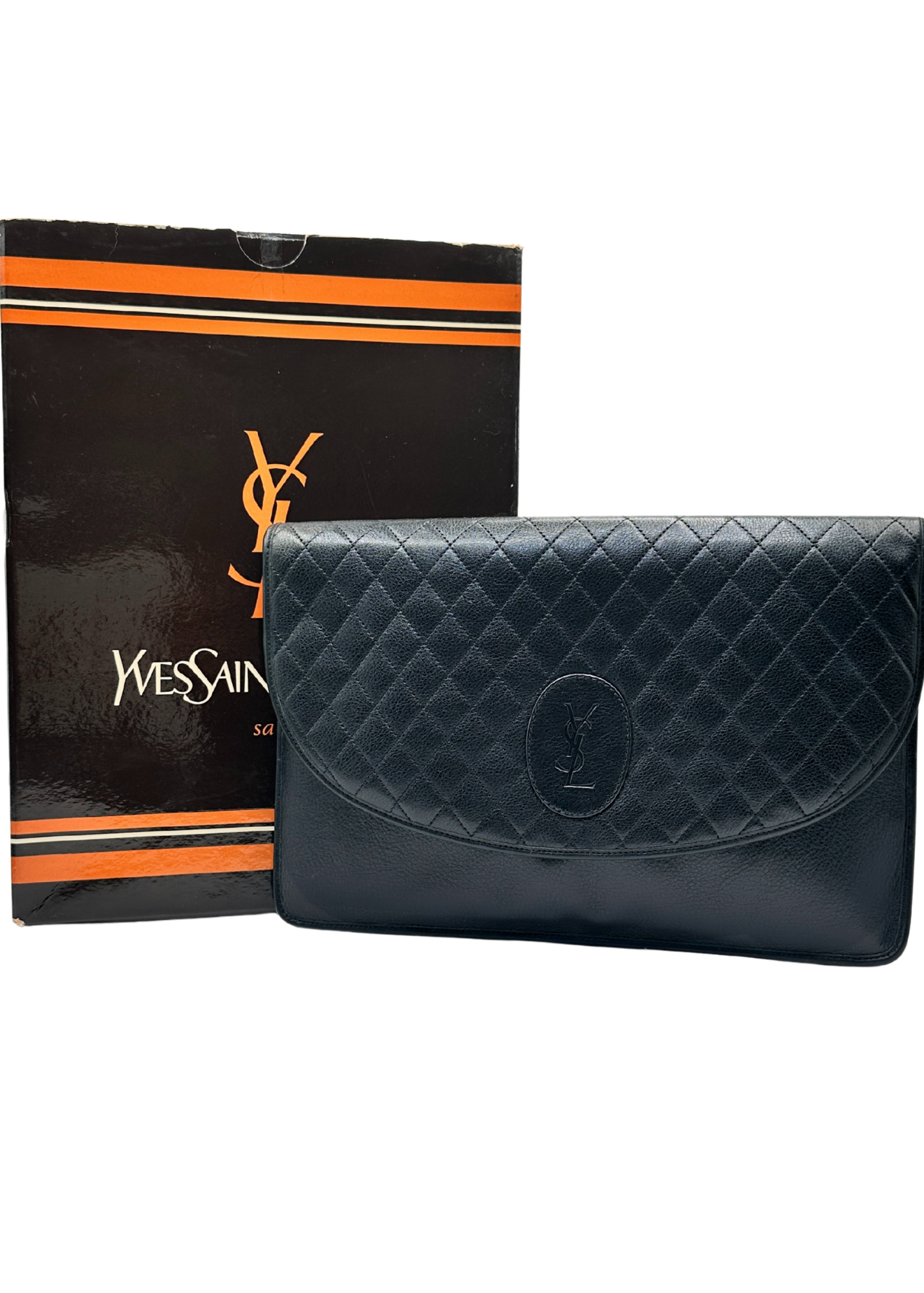 Black quilted clutch bag with Yves Saint Laurent logo next to a branded packaging box on a white background