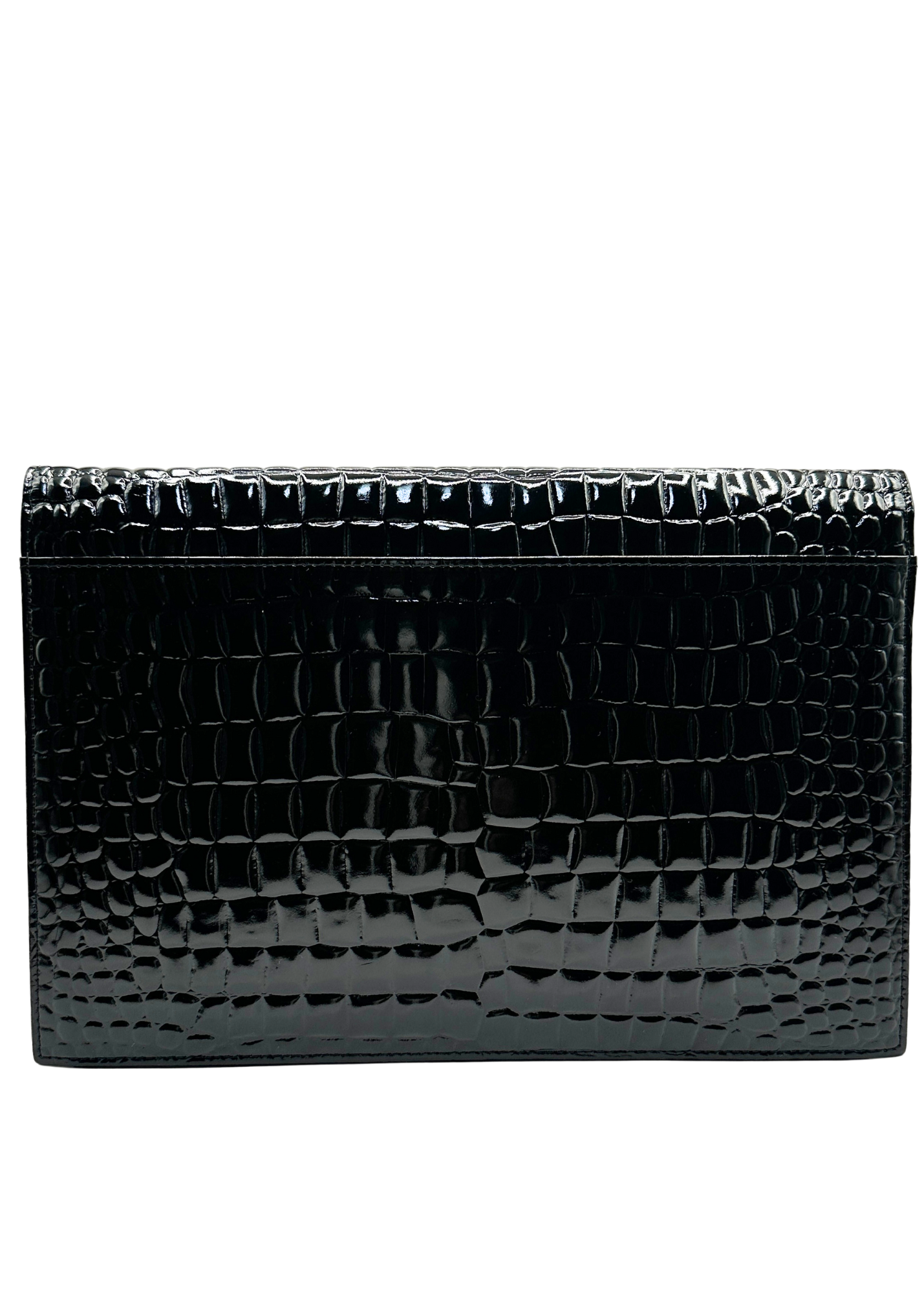 Black YSL textured clutch bag on a white background