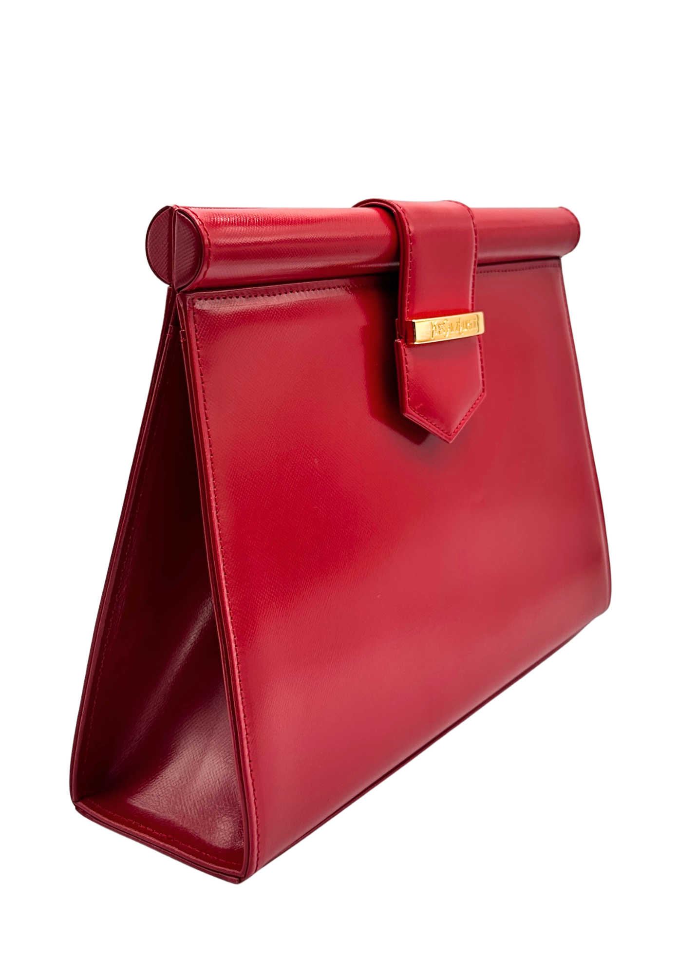 Red YSL handbag with a gold clasp on a white background