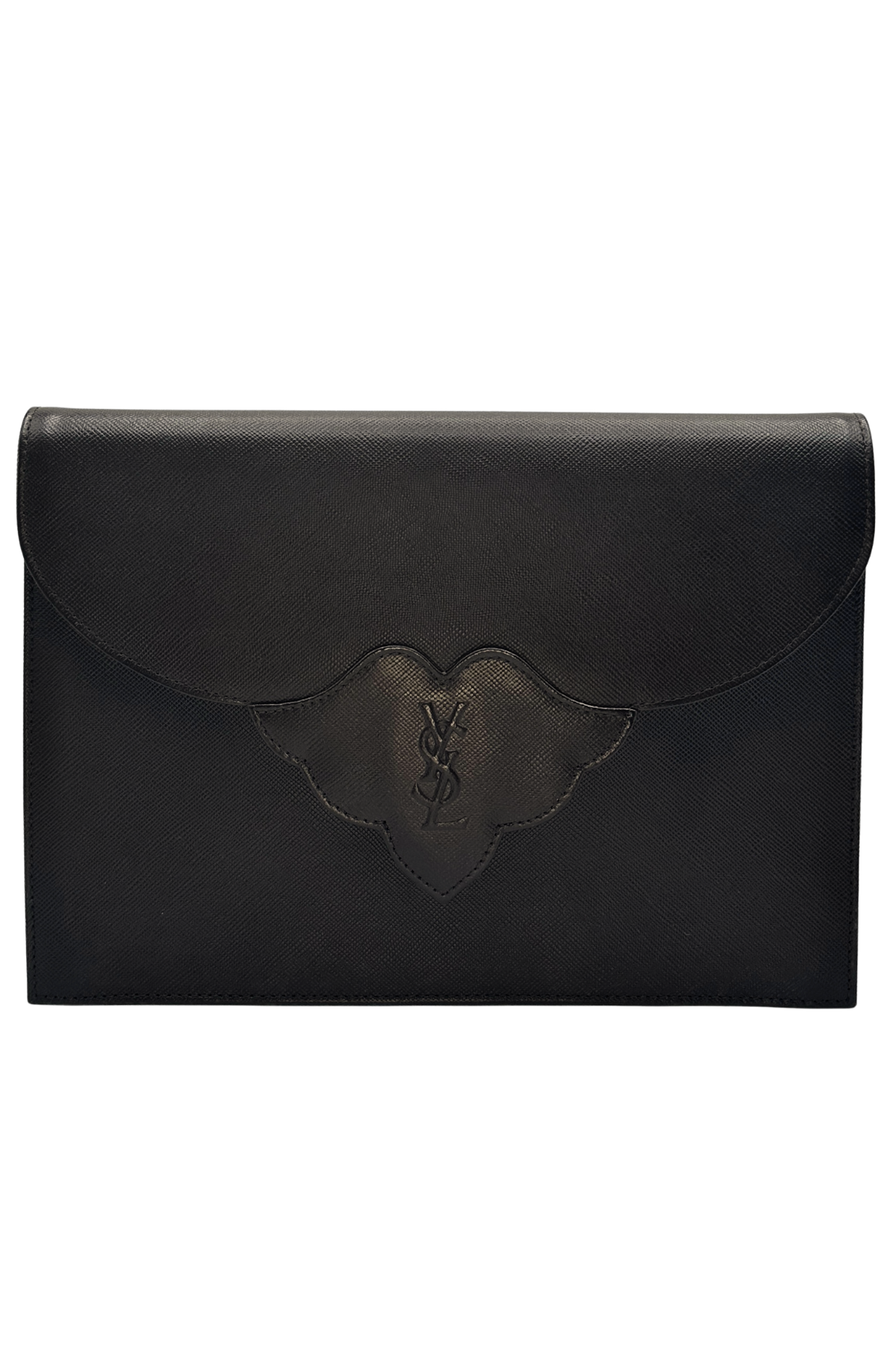 Brown leather clutch with a YSL logo on a white background