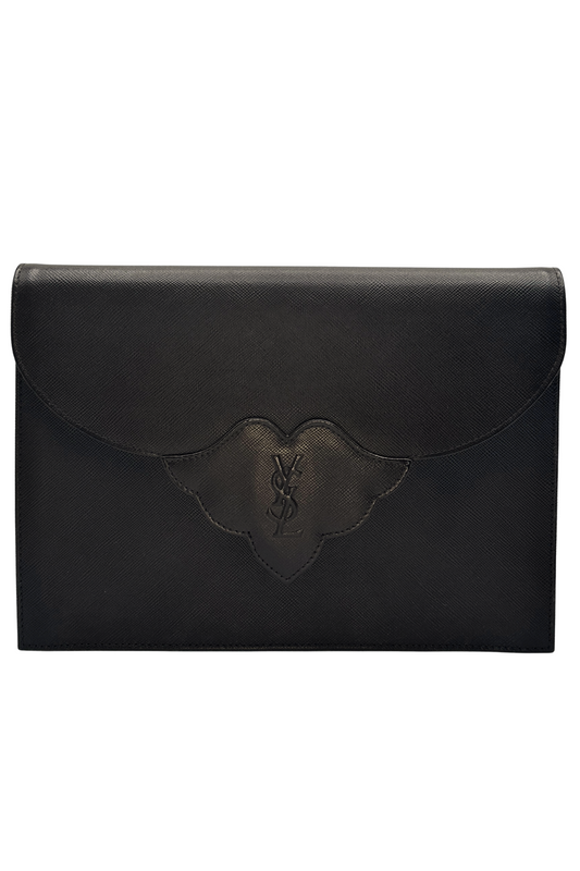 Brown leather clutch with a YSL logo on a white background