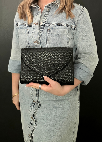 Yves Saint Laurent Patent Leather Woven Clutch Black